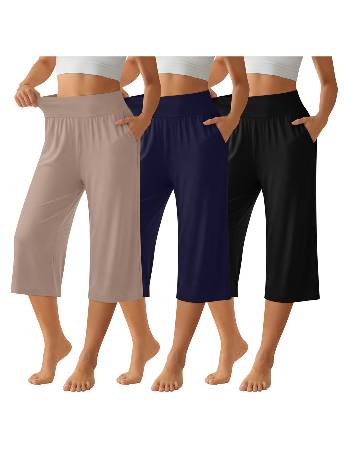 Women's Loose Capri Jogger Pants with Pockets, 3-Pack