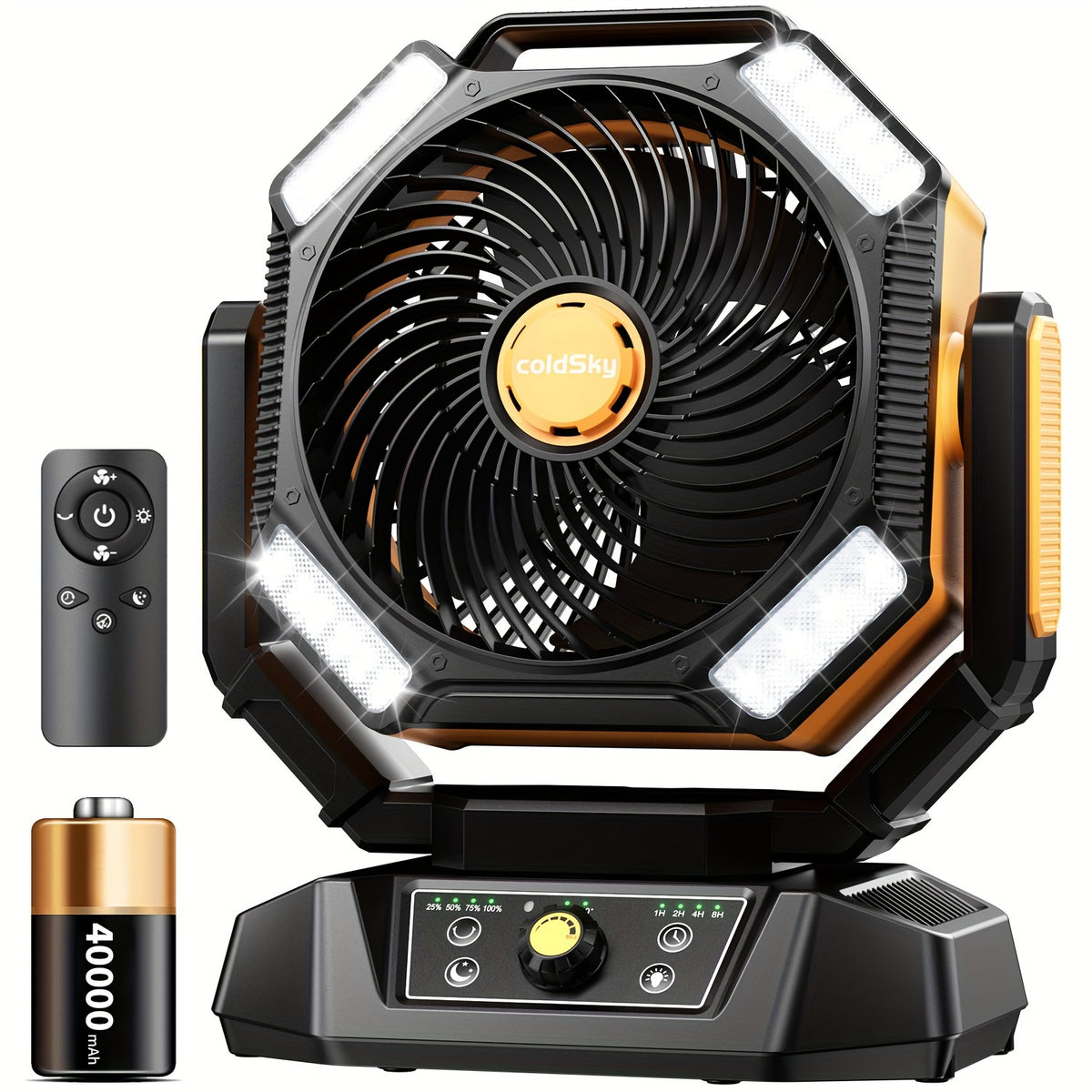 40000mAh Camping Fan with Remote Control and 4-Mode LED Light, USB Rechargeable Portable Desktop Fan for Tents and Power Outages, No Adapter