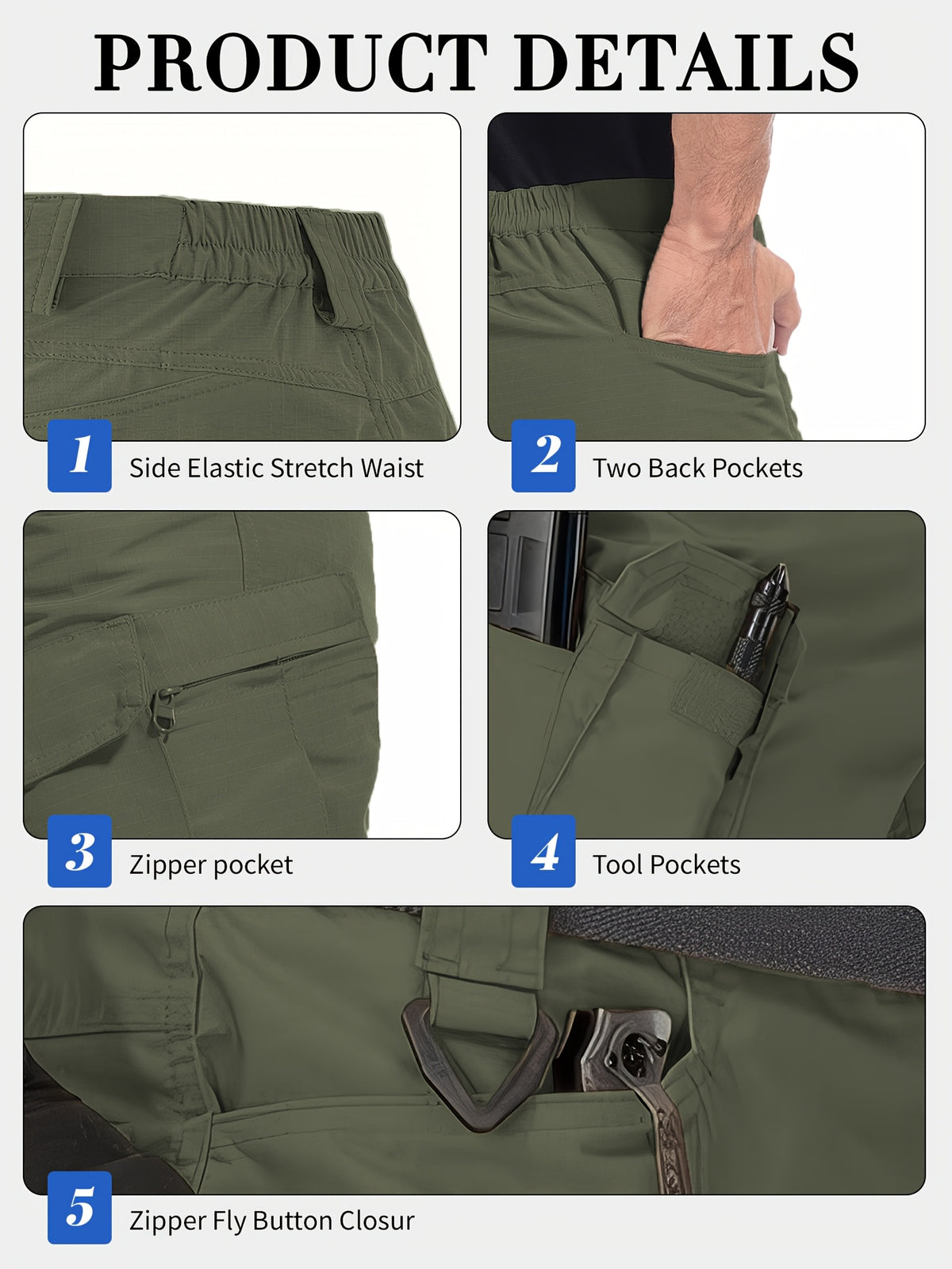 Multi-Pocket Cargo Shorts for Men, Breathable Quick-Dry Tactical-Style Work Shorts in Black, Khaki, Grey or Fern Green for Everyday Outdoor Wear