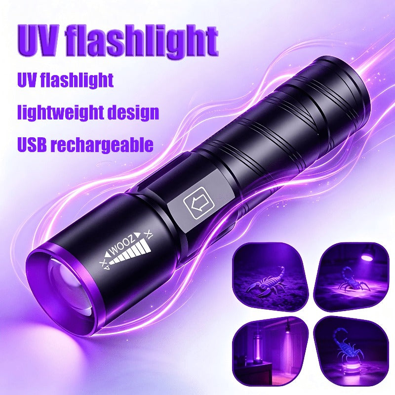 395nm UV Blacklight Flashlight with Adjustable Zoom, USB Rechargeable Aluminum Body and 3 Modes for Fluorescent Stain and Mineral Inspection