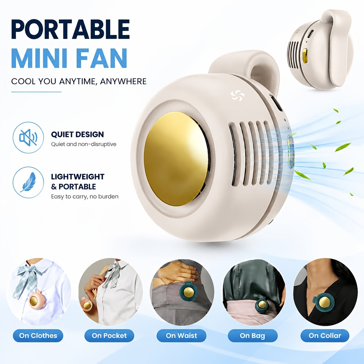 Bladeless Mini Clip Fan, Rechargeable Rotating Personal Fan for Hands-Free Travel and Outdoor Use, White Pink Green in 1–3 Piece Options