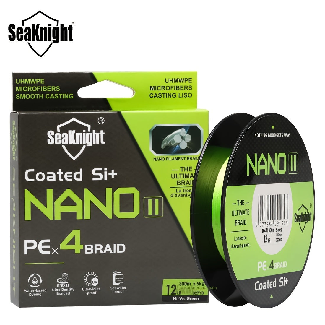 Braided Fishing Line by SeaKnight Nano II, 4-Strand PE Line in 110 or 327 Yard Options, 7–15 lb Listed Tests and Green or Yellow Colors