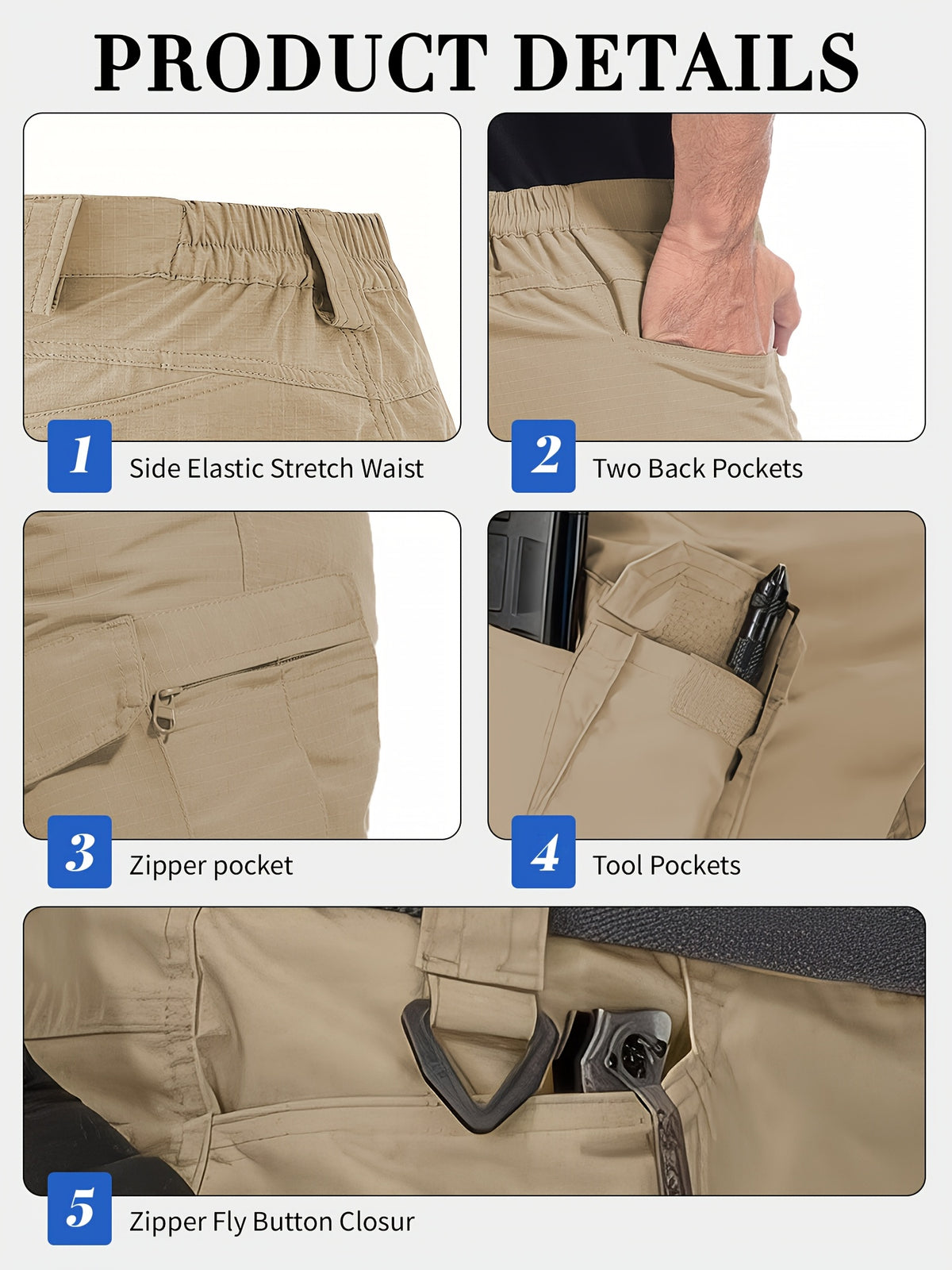 Multi-Pocket Cargo Shorts for Men, Breathable Quick-Dry Tactical-Style Work Shorts in Black, Khaki, Grey or Fern Green for Everyday Outdoor Wear