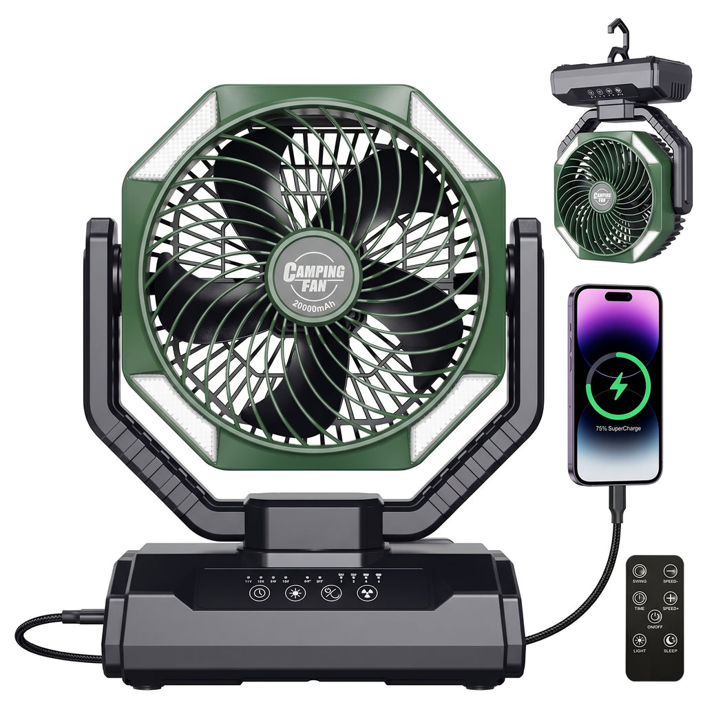 Rechargeable Tent Fan with 20000mAh Battery, Four Speeds, Remote Control and Hanging Hook for Camping, Beach Days and Outdoor Cooling