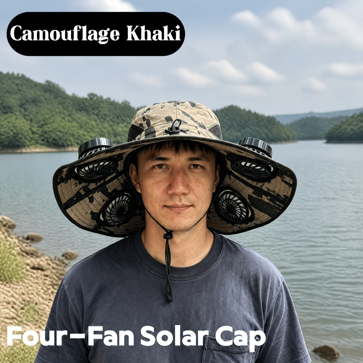 4-Fan Solar Powered Sun Hat with Wide Brim, USB Charging and 3 Adjustable Speeds for Fishing, Hiking and Summer Outdoor Activities