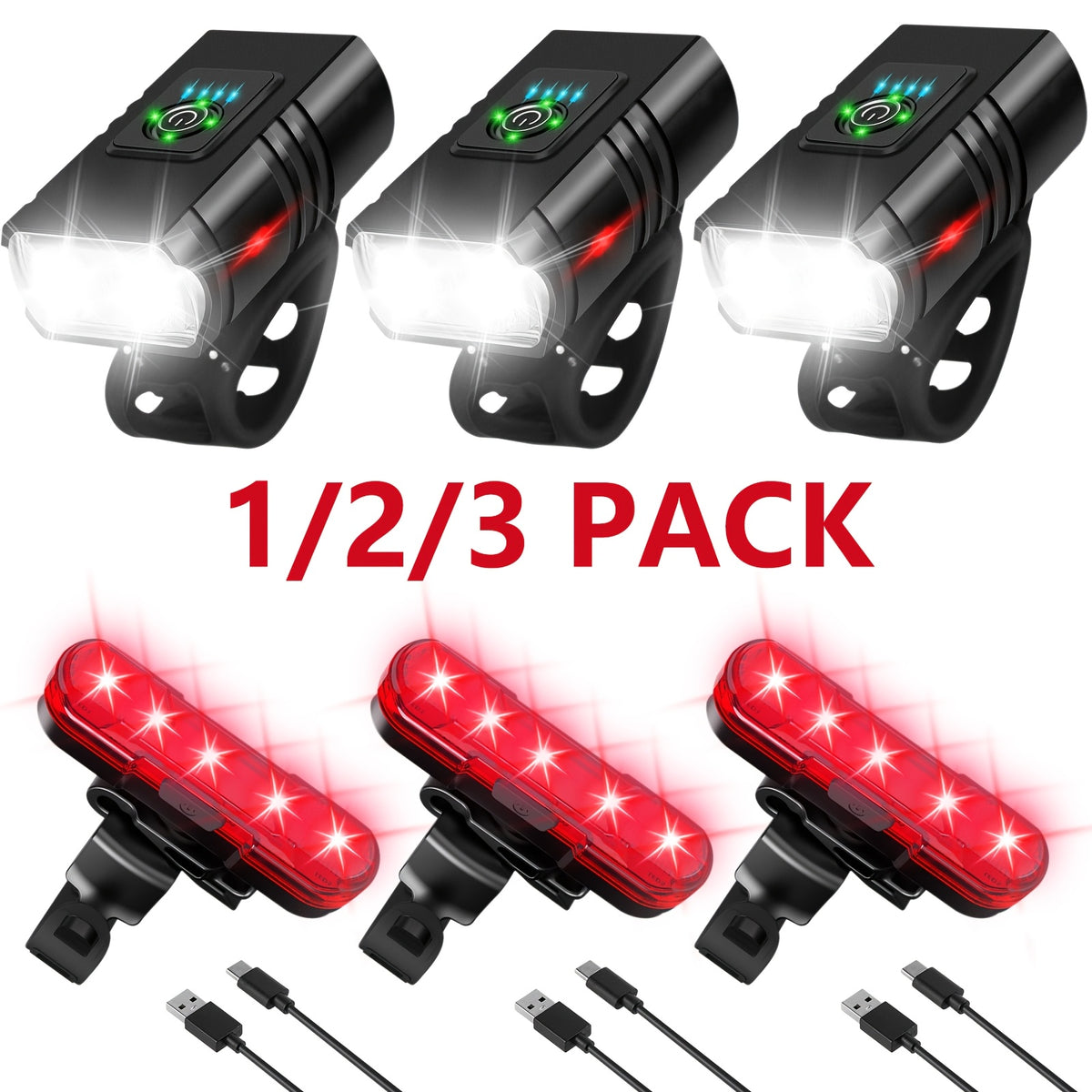 USB-C Rechargeable Bicycle Lights with Six Front Modes and Battery Display, 1, 2 or 3 Piece Options Including No-Taillight Selections