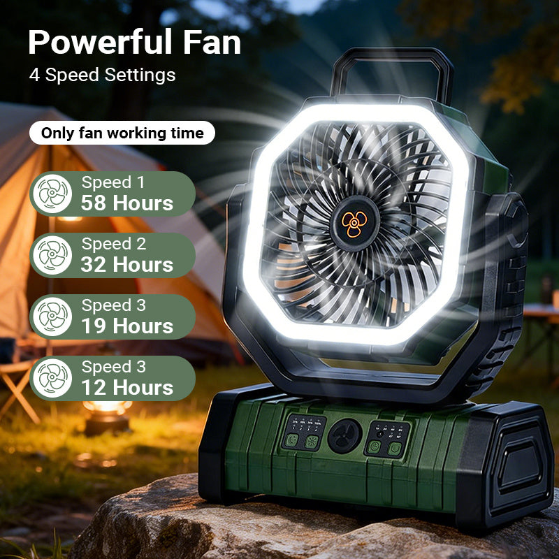 4-Speed Camping Fan with 20000mAh Battery, USB-C Charging and 16 LED Lights, Portable 90-Degree Rotating Tent Fan with Device Charging Outputs