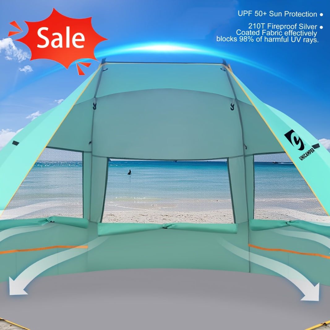 3-Person Beach Sun Shelter with UPF 50+ Fabric, Extended PE Floor and Three Mesh Roll-Up Windows, Portable 4 lb Tent for Beach Days and Outdoor Picnics