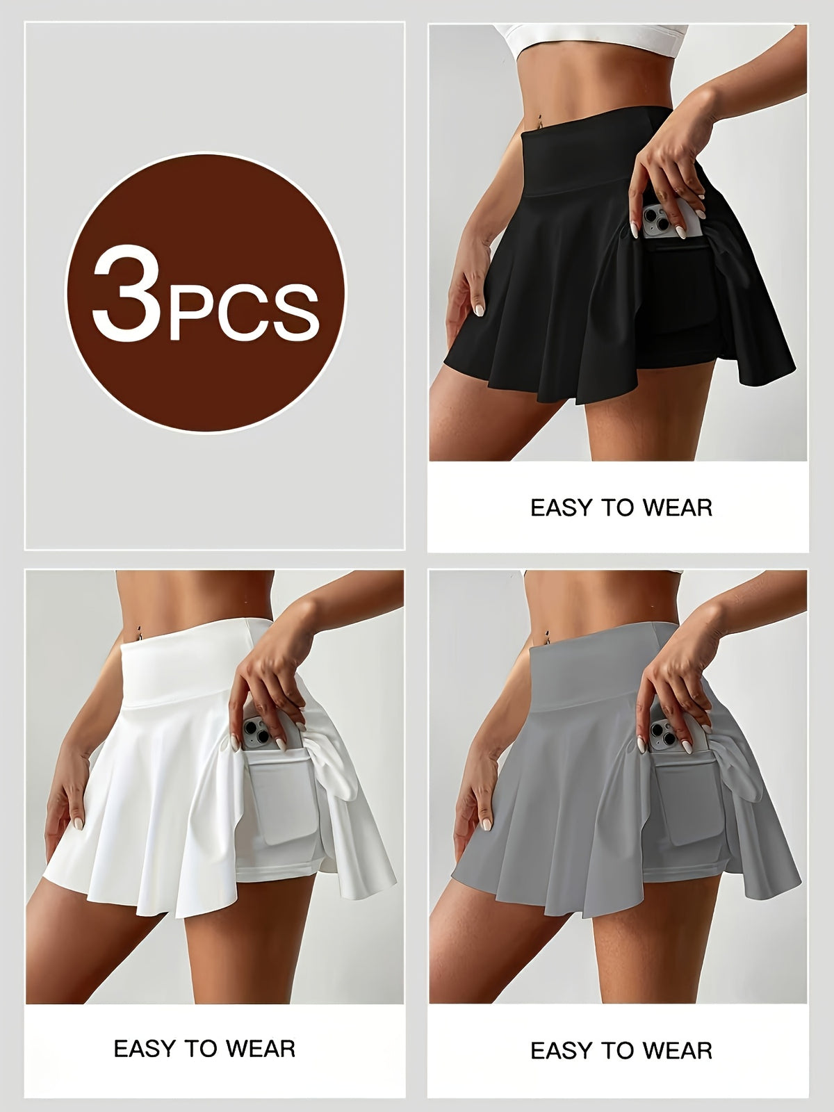 14-Inch Pleated Tennis Skorts for Women, 3-Piece High-Waist Stretch Set with Built-In Shorts, Two Inner Pockets and Side Tie Detail, S–XXL
