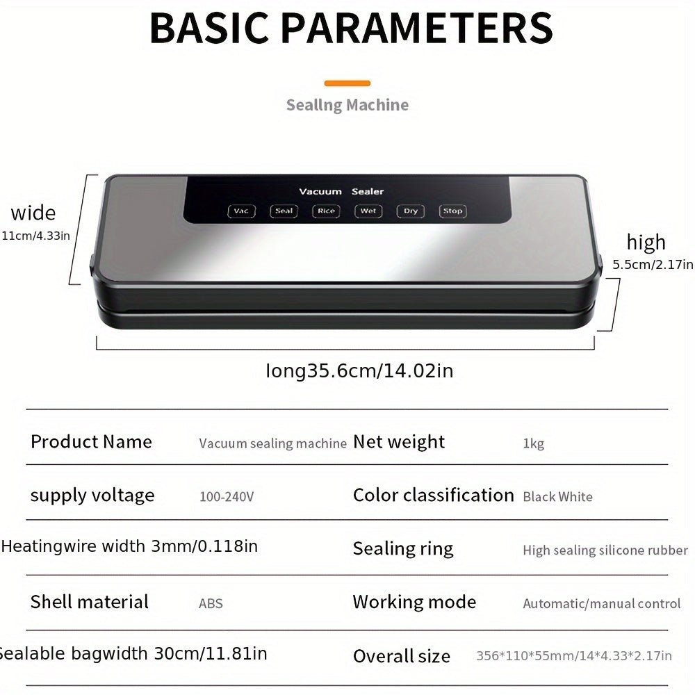 65kPa Food Vacuum Sealer with Wet and Dry Modes, 40 Storage Bags and External Vacuum Hose for Home Kitchen Portion Packing and Camping Meal Prep