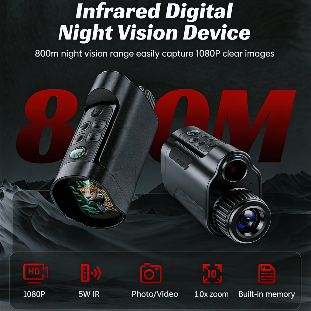 1080P Night Vision Monocular with 2-Inch Screen, 10X Digital Zoom, 5W Infrared and 2700mAh Rechargeable Battery for Hunting and Wildlife Observation