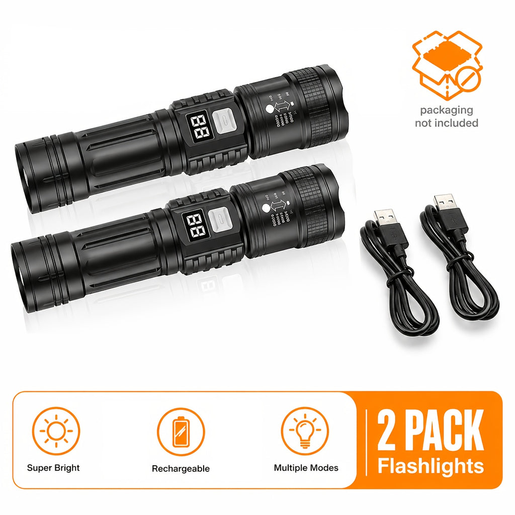 3-Mode USB Rechargeable LED Flashlights 2-Pack, Gray Button Handheld Light Set for Camping, Household Tasks and Power Outage Backup Lighting