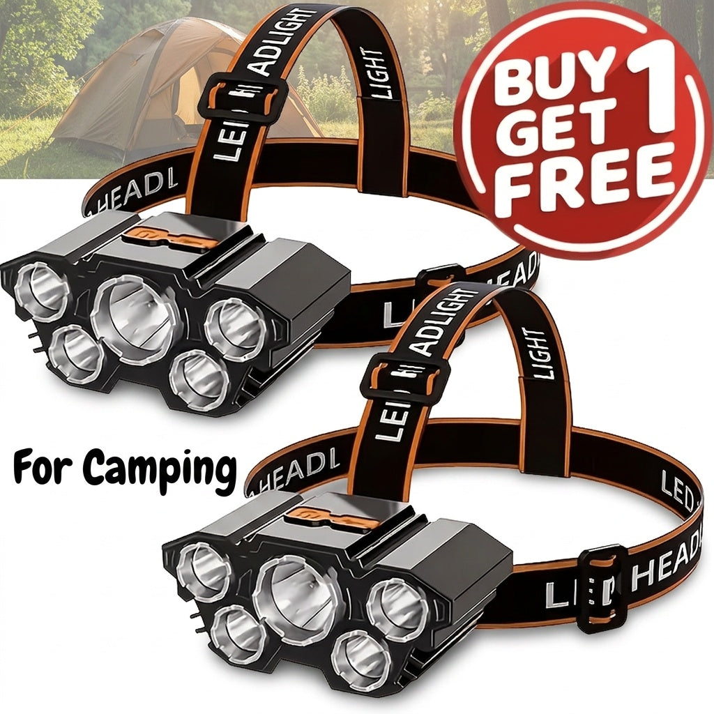 5-LED Rechargeable Headlamps 2-Pack with Four Lighting Modes and Listed IP65 Rating, Hands-Free USB Head Lights for Work and Car Repairs