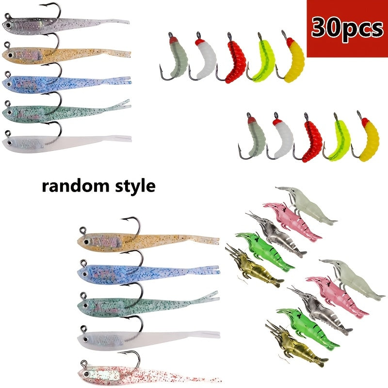30-Piece Assorted Soft Fishing Baits with Hooks
