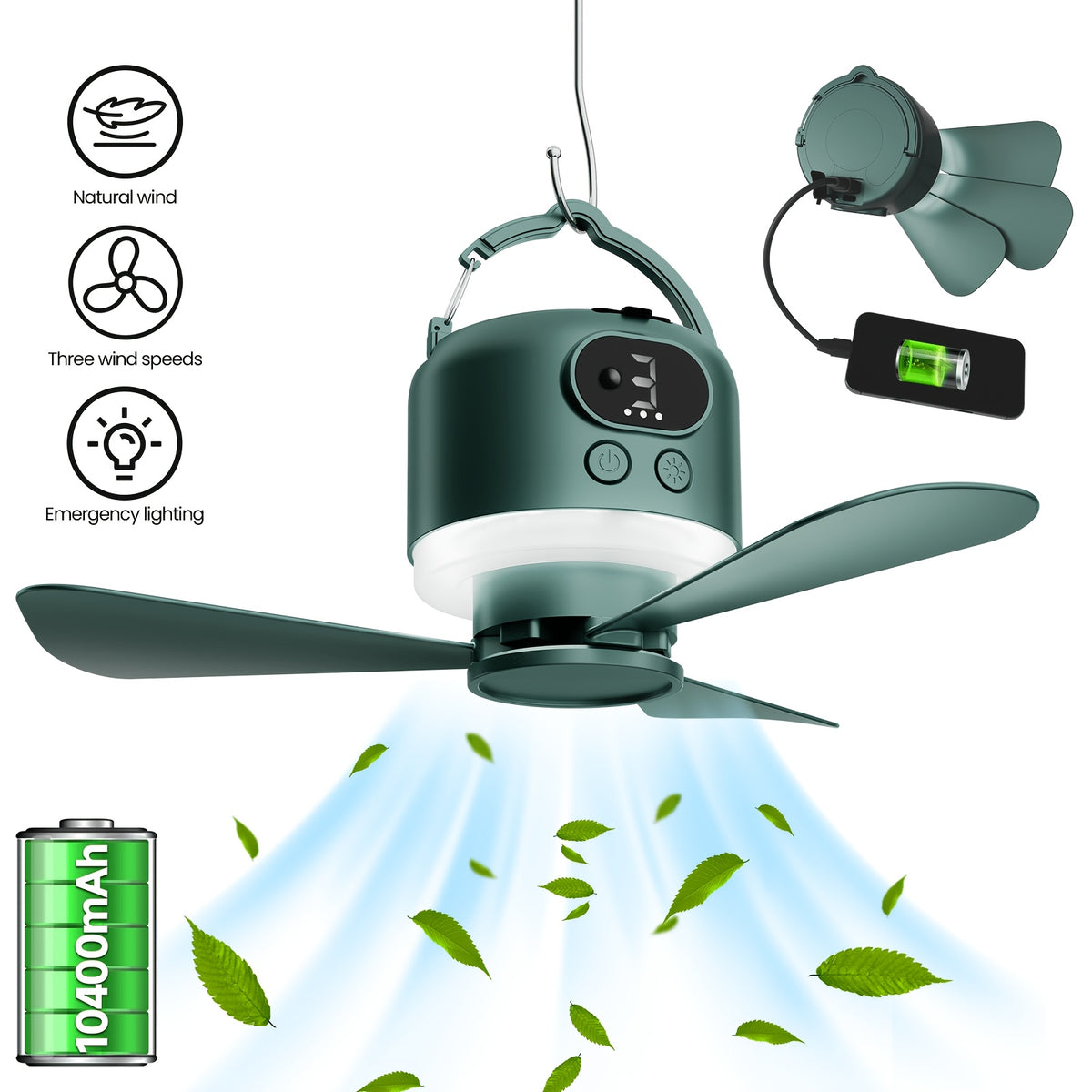 10400mAh Camping Ceiling Fan with Remote Control and LED Light, USB Rechargeable Tent Fan with Detachable Blades and Four Adjustable Speed Settings