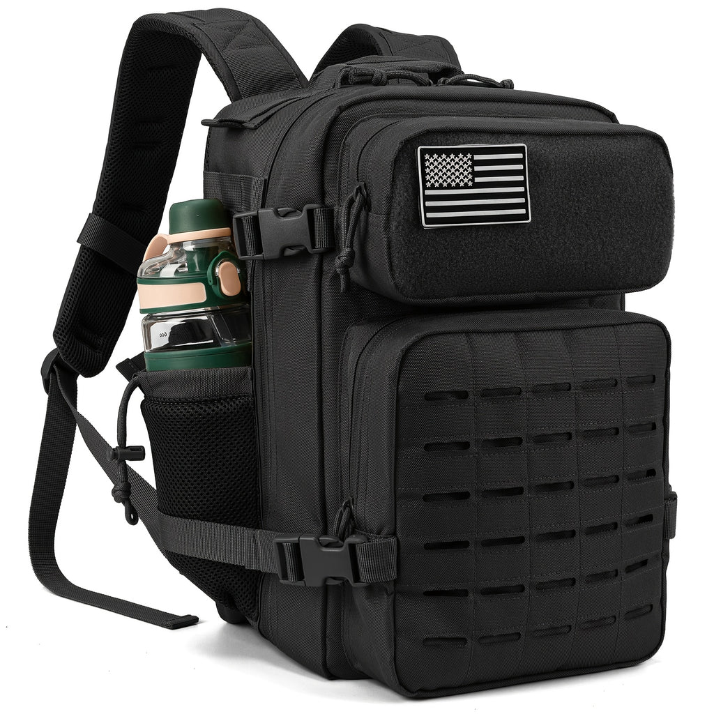 MOLLE Travel Backpack 6.6 Gallon, Tactical-Style Daypack with 180° Flat Opening, Laptop Compartment and Dual Cup Holders for Hiking and Gym Trips