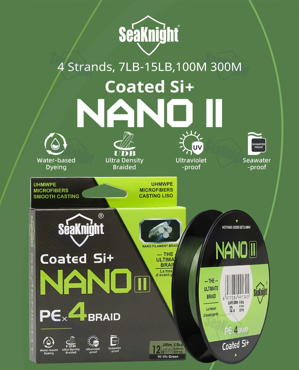 Braided Fishing Line by SeaKnight Nano II, 4-Strand PE Line in 110 or 327 Yard Options, 7–15 lb Listed Tests and Green or Yellow Colors
