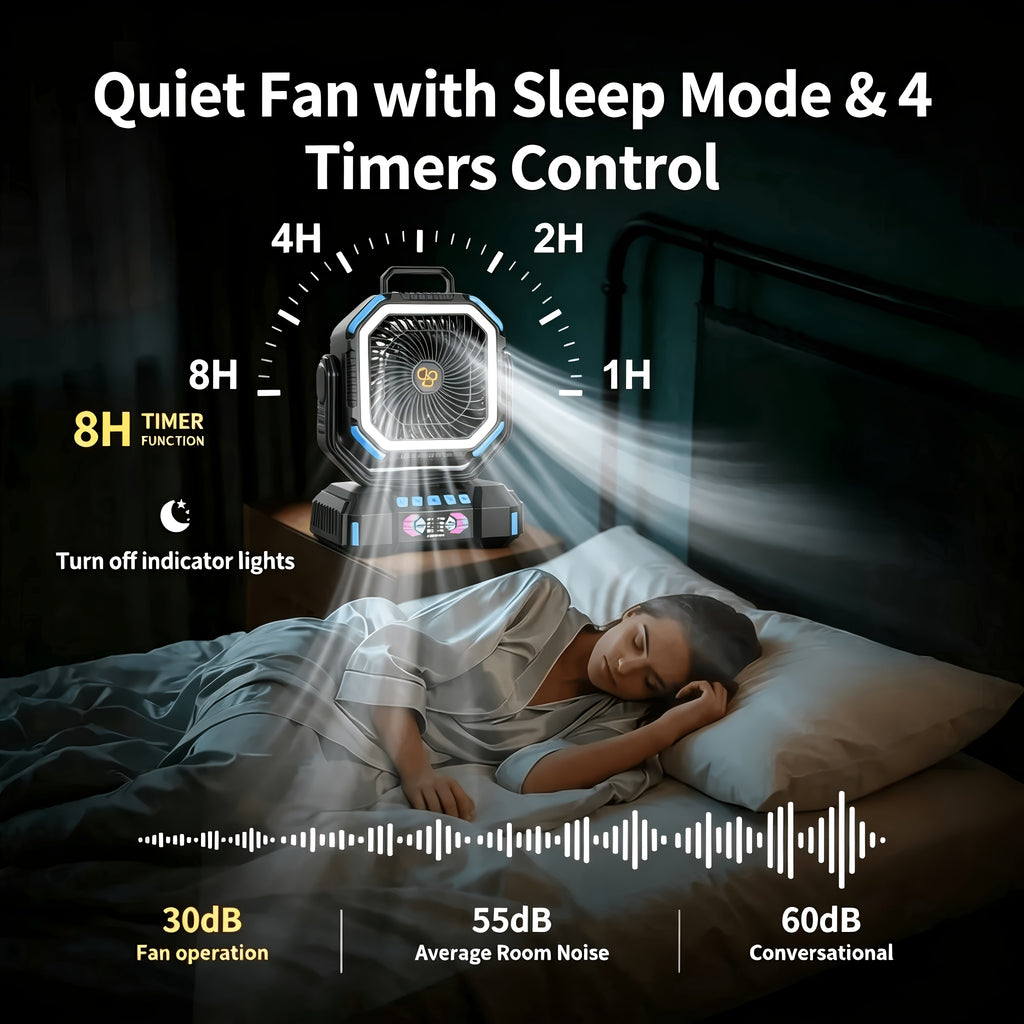 40000mAh Rechargeable Camping Fan with Remote Control, 4 Speeds, Adjustable LED Lights, Timer and Tent Hook for Standing or Hanging Outdoor Use