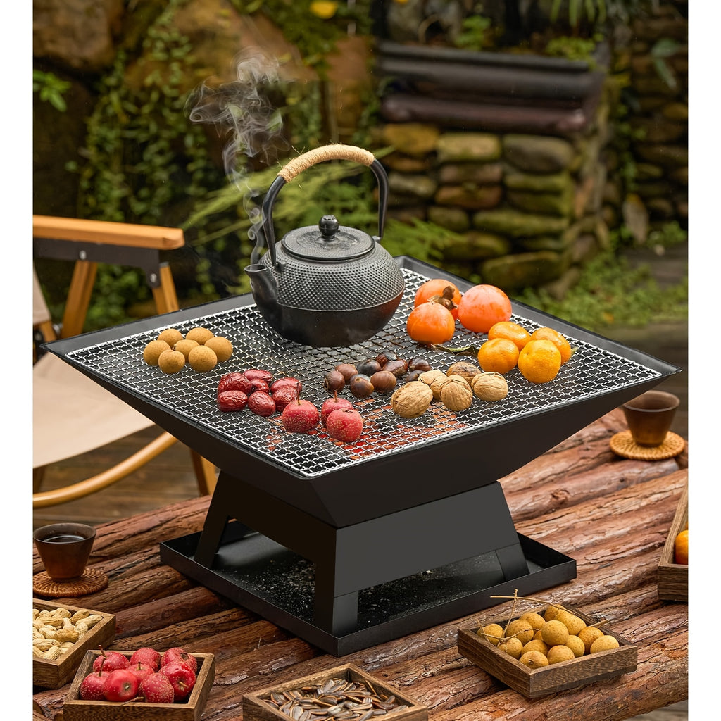 Outdoor Iron Fire Pit 18.5 Inch in Black, Heavy-Duty Lacquered Backyard and Camping Fire Bowl with Combustion Grate, Ash Collector and Charcoal Hook