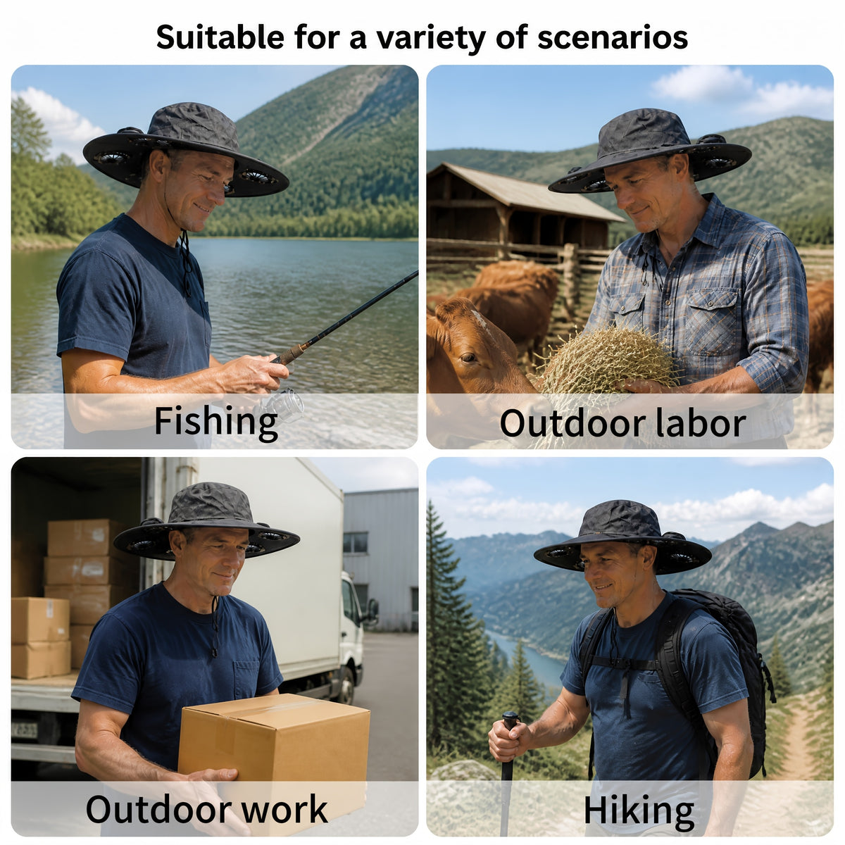 4-Fan Solar Powered Sun Hat with Wide Brim, USB Charging and 3 Adjustable Speeds for Fishing, Hiking and Summer Outdoor Activities