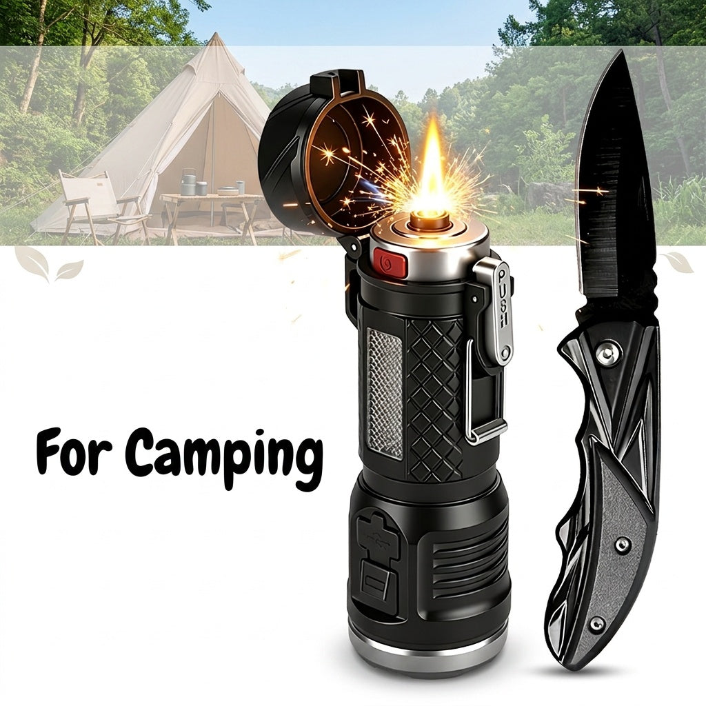 2-Piece Survival Kit with USB Rechargeable Flashlight and Folding Pocket Knife, Clip-On Outdoor Tools with Optional Fire-Starting Version