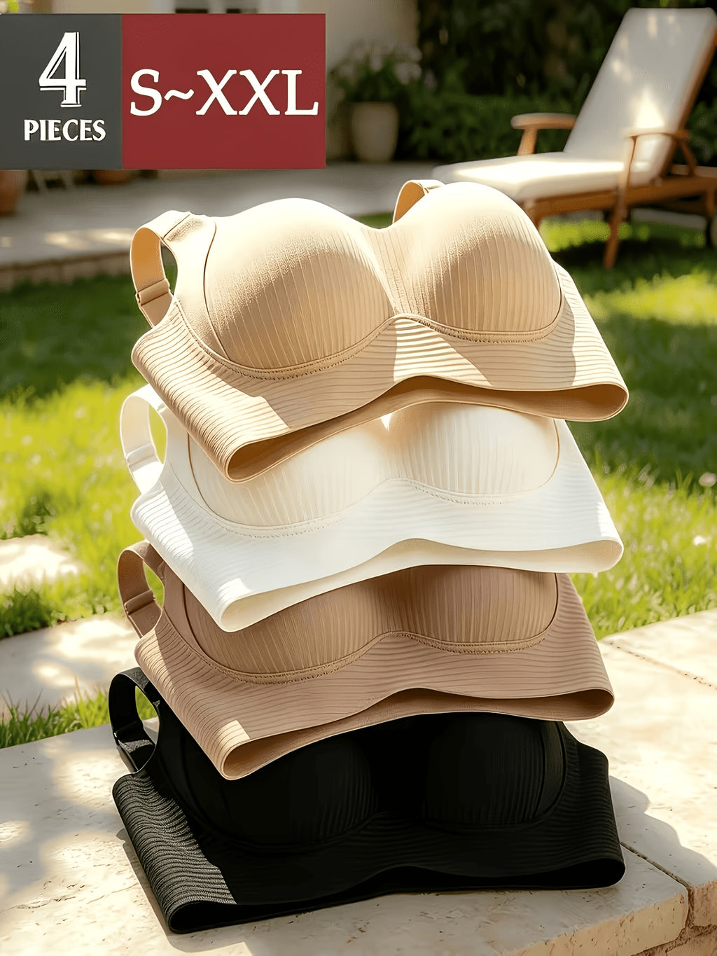 4-Piece Women's Wireless Sports Bra Set with Removable Pads, Size XL