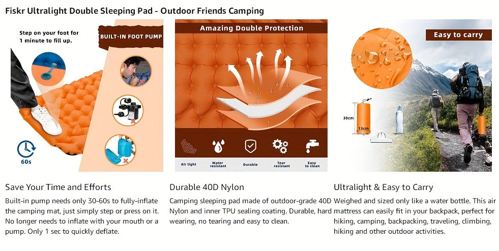 Inflatable Camping Sleeping Pad, 75 x 24 Inch Sleep Mat with Built-In Pump, Carry Bag and Repair Kit for Compact Outdoor Overnight Gear