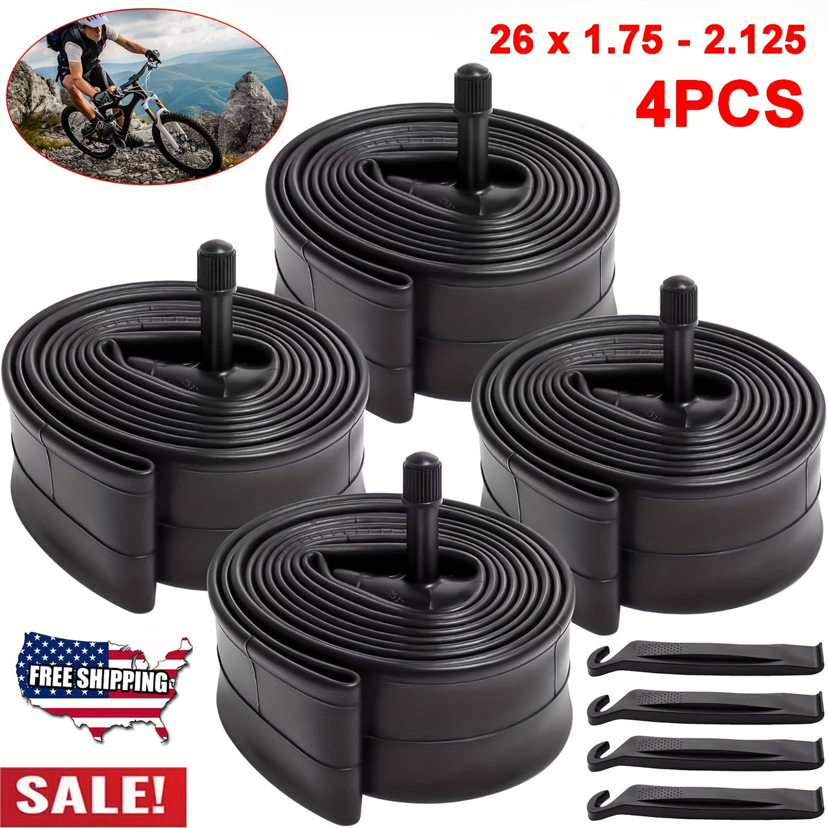 26 Inch Bike Inner Tubes 4-Pack, Butyl Rubber 26 x 1.75–2.125 with 32mm Schrader Valves and 2 Tire Levers for Mountain, Trail and Cruiser Bikes