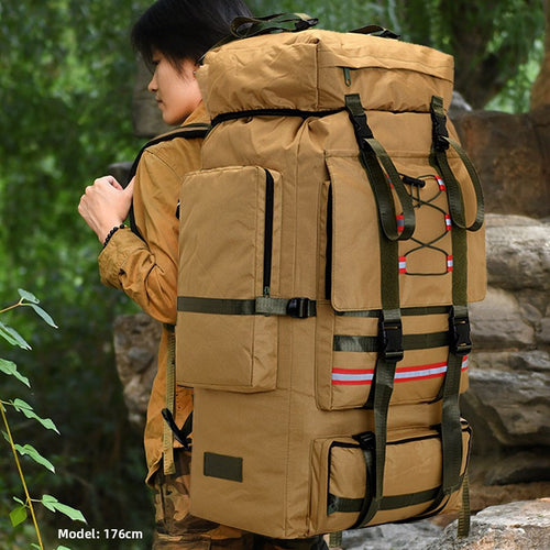 130L Expandable Backpack, Extra-Large Oxford Cloth Tactical-Style Gear Bag for Hiking, Mountaineering and Travel in Khaki, Green, Black or Desert