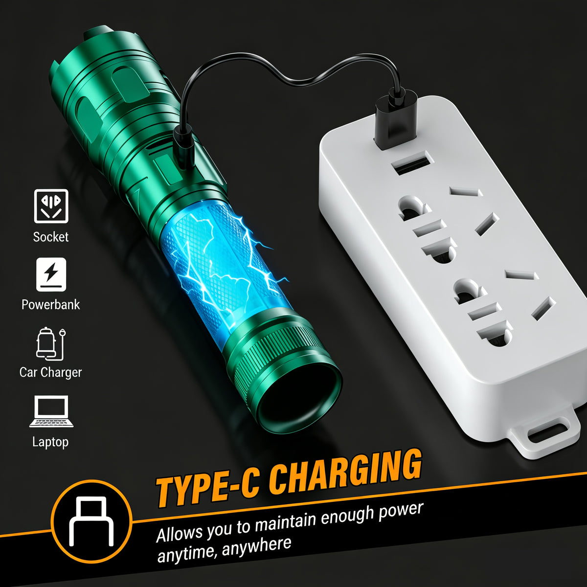 5-Mode Rechargeable LED Flashlight with Digital Power Display, Zoomable Aluminum Alloy Handheld Torch in Green with Hanging Strap and Lithium Battery