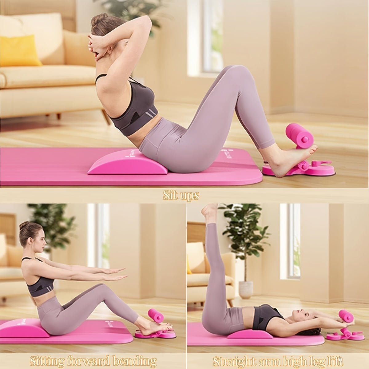 Dual-Suction Sit-Up Bar with Resistance Bands, Three-Section Adjustable Portable Home Fitness Equipment for Small-Space Core Workouts in Black