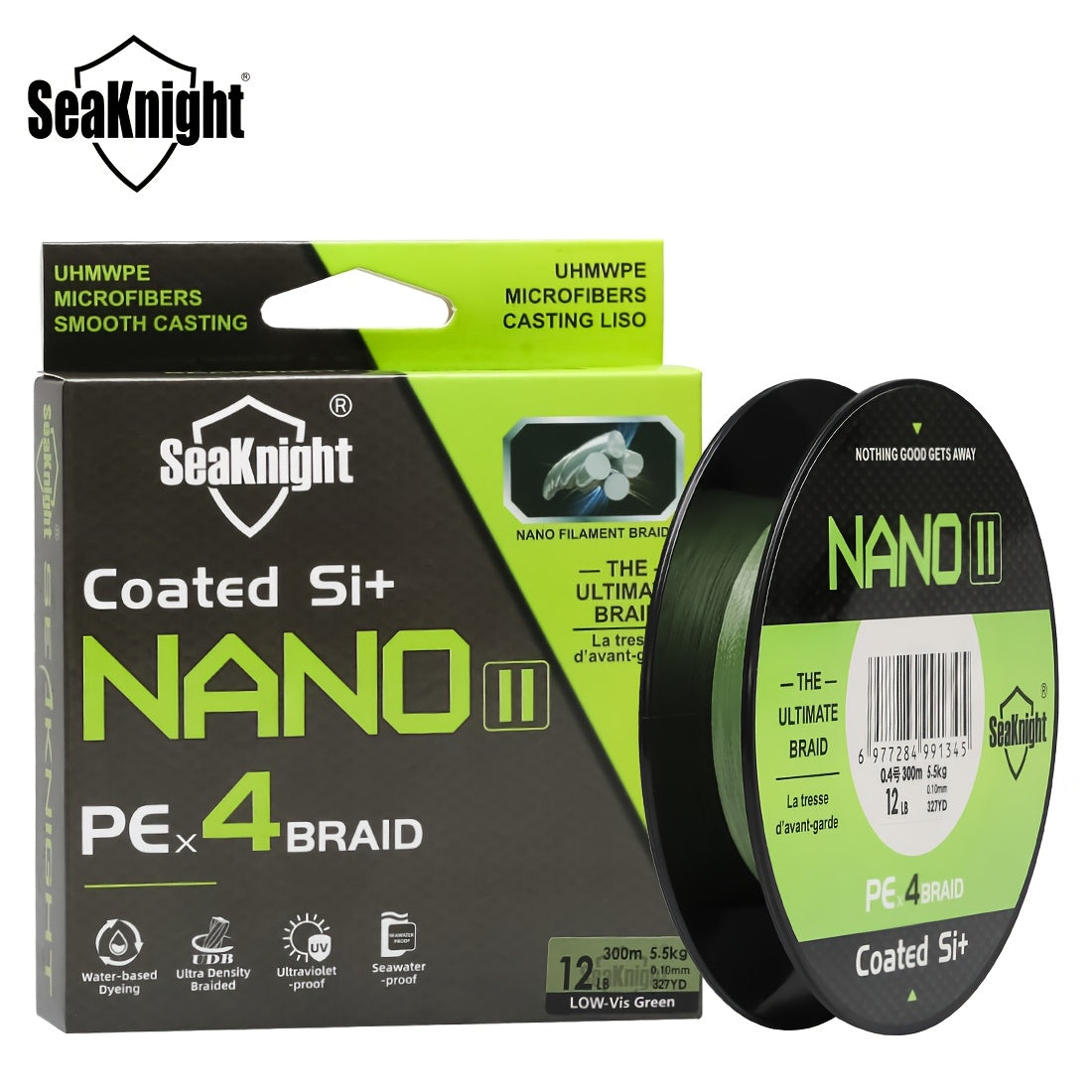 Braided Fishing Line by SeaKnight Nano II, 4-Strand PE Line in 110 or 327 Yard Options, 7–15 lb Listed Tests and Green or Yellow Colors
