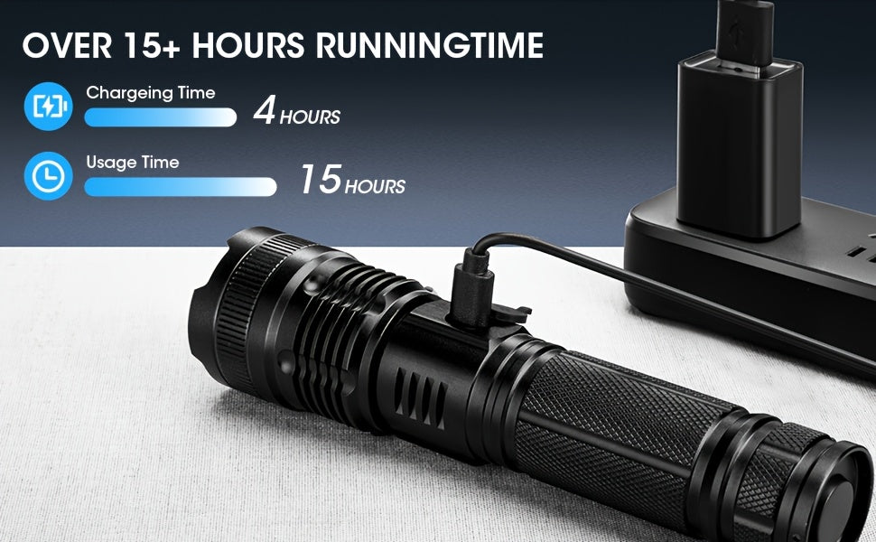 6000mAh Rechargeable LED Flashlight with Type-C Charging, Aluminum Alloy Tactical Work Light with Adjustable Spotlight and Floodlight Focus for Outdoor Tasks