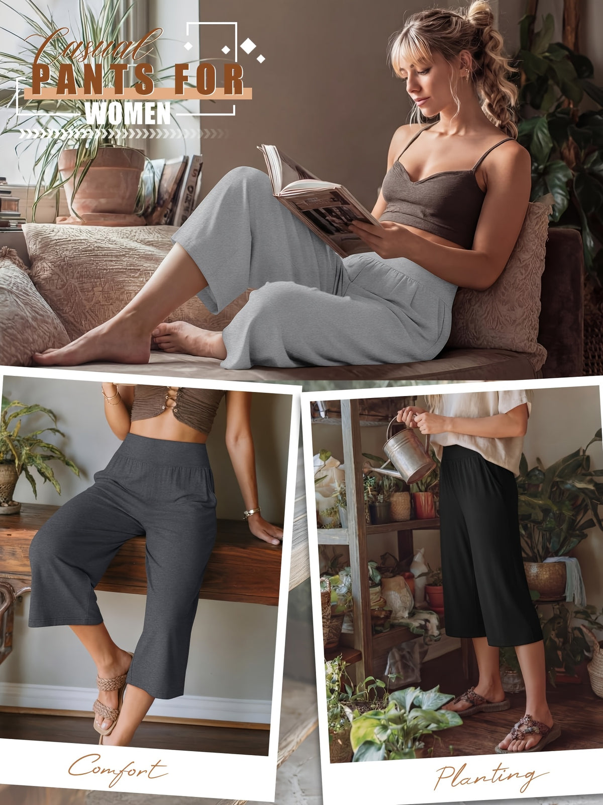 Women's Loose Capri Jogger Pants with Pockets, 3-Pack