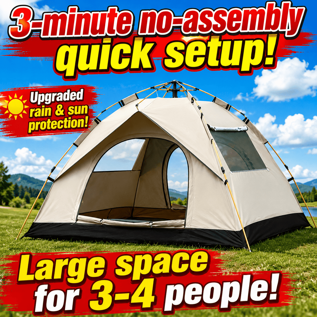 3–4 Person Instant Camping Tent with Two Doors, Quick-Setup Outdoor Shelter in Two-Window or No-Window Models, 82.68 x 61 x 50 in