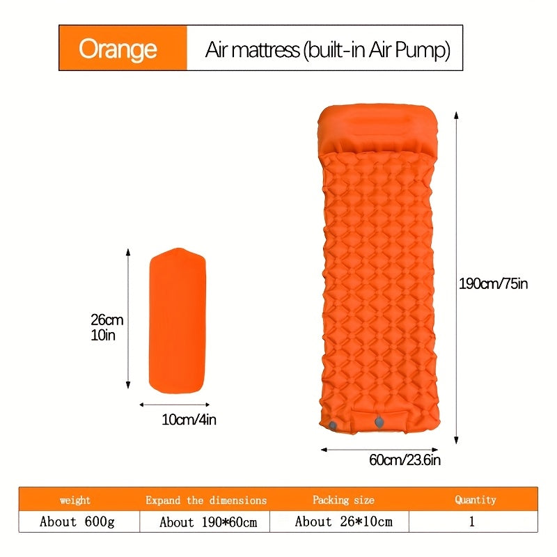 Inflatable Camping Sleeping Pad, 75 x 24 Inch Sleep Mat with Built-In Pump, Carry Bag and Repair Kit for Compact Outdoor Overnight Gear