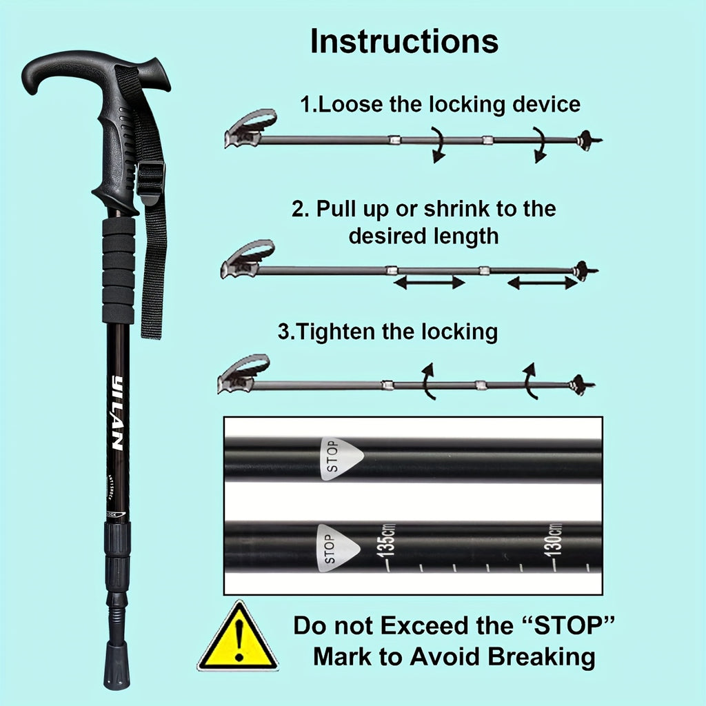 Adjustable Trekking Pole, Single 3-Section Aluminum Alloy Hiking Stick with Shock Absorption for Trails and Mountain Walks, Five Color Options
