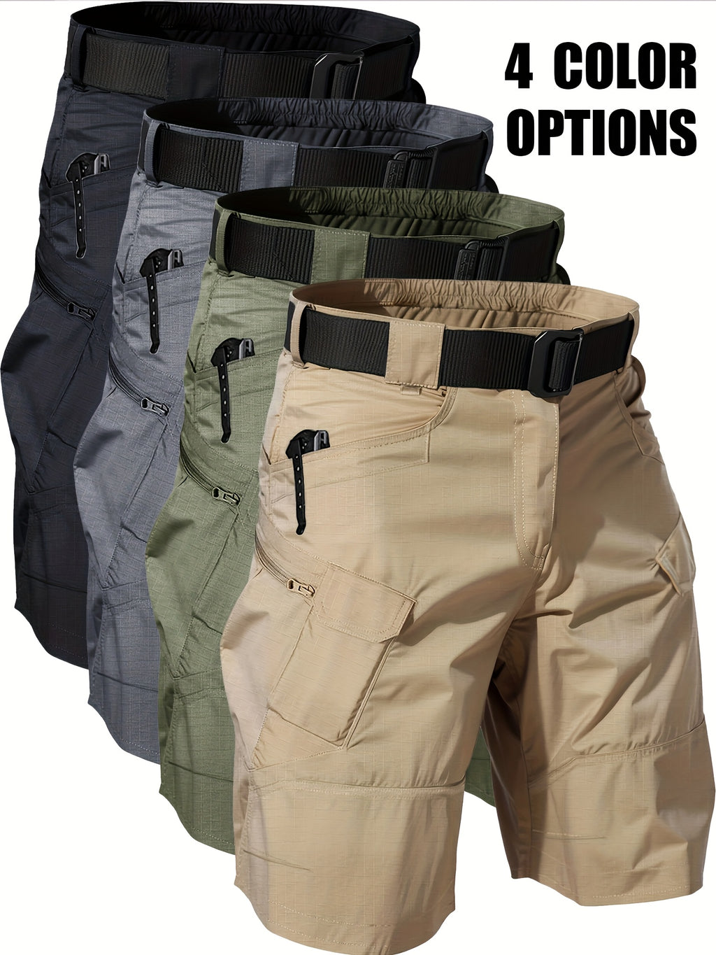 Multi-Pocket Cargo Shorts for Men, Breathable Quick-Dry Tactical-Style Work Shorts in Black, Khaki, Grey or Fern Green for Everyday Outdoor Wear