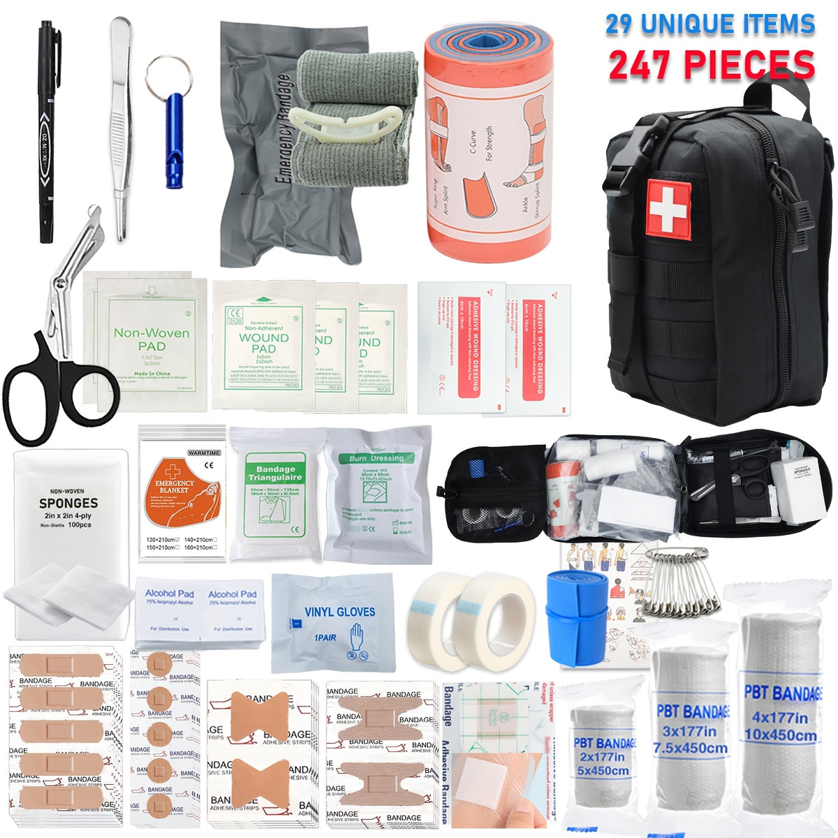 247-Piece First Aid Pouch Kit with Listed Tourniquet and Trauma Bandage, EH247 Emergency Supply Set for Home, Car, Camping and Travel Preparedness