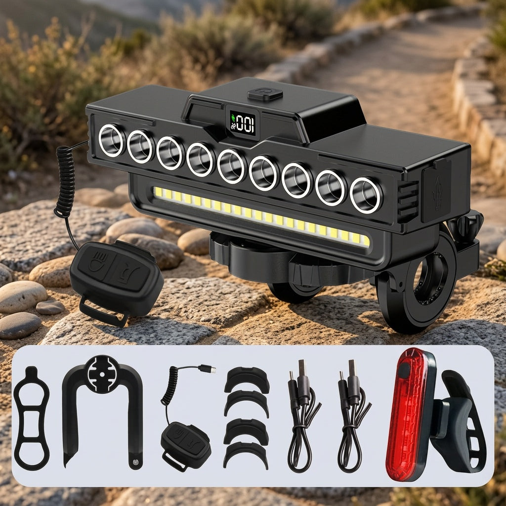 Bicycle Front Light with Digital Display, 9 LEDs and 7 Lighting Modes, USB Rechargeable 4000mAh Headlight with Set Option for Night Riding