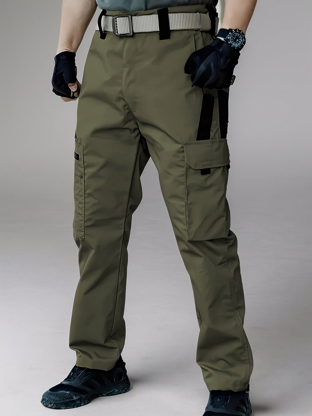 Relaxed-Fit Polyester Tactical Pants for Men with Belt Included, Lightweight Quick-Dry Multi-Pocket Trousers for Hiking, Outdoor Adventures and Work