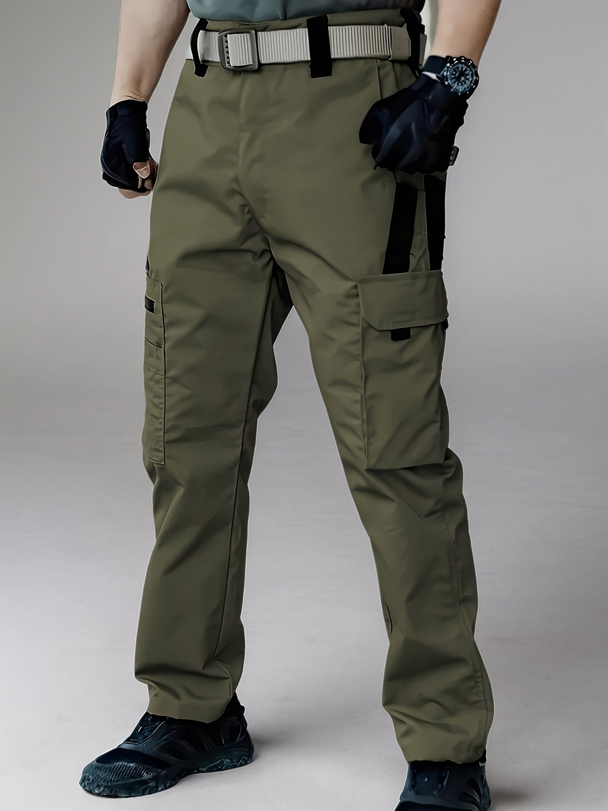 Relaxed-Fit Polyester Tactical Pants for Men with Belt Included, Lightweight Quick-Dry Multi-Pocket Trousers for Hiking, Outdoor Adventures and Work