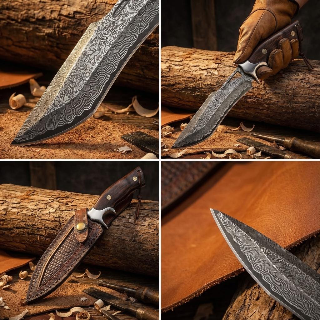 Full-Tang Damascus Hunting Knife with Leather Sheath, Hand-Forged Patterned Steel Blade and Premium Handle for Outdoor Field Tasks and Collectors