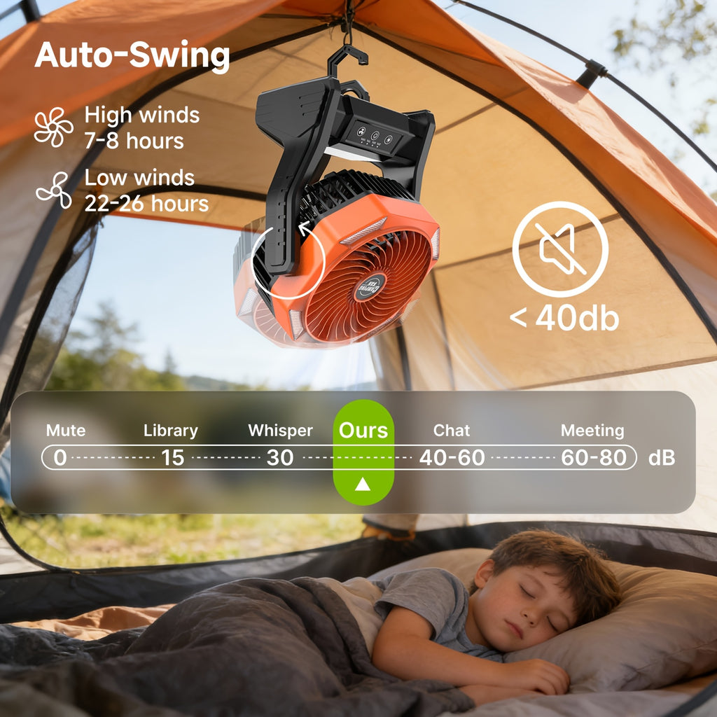 Portable Outdoor Desk Fan with LED Light, Camping Cooling Gear with Orange, Green, Black, Gray and Pink Color and Model Options