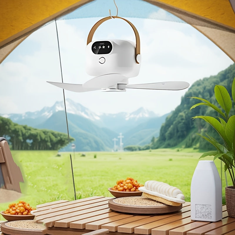 Tent Ceiling Fan with LED Illumination, Rechargeable Portable Camping Fan with 3 Removable Blades and 3 Speeds for RVs, Gazebos and Dorm Rooms