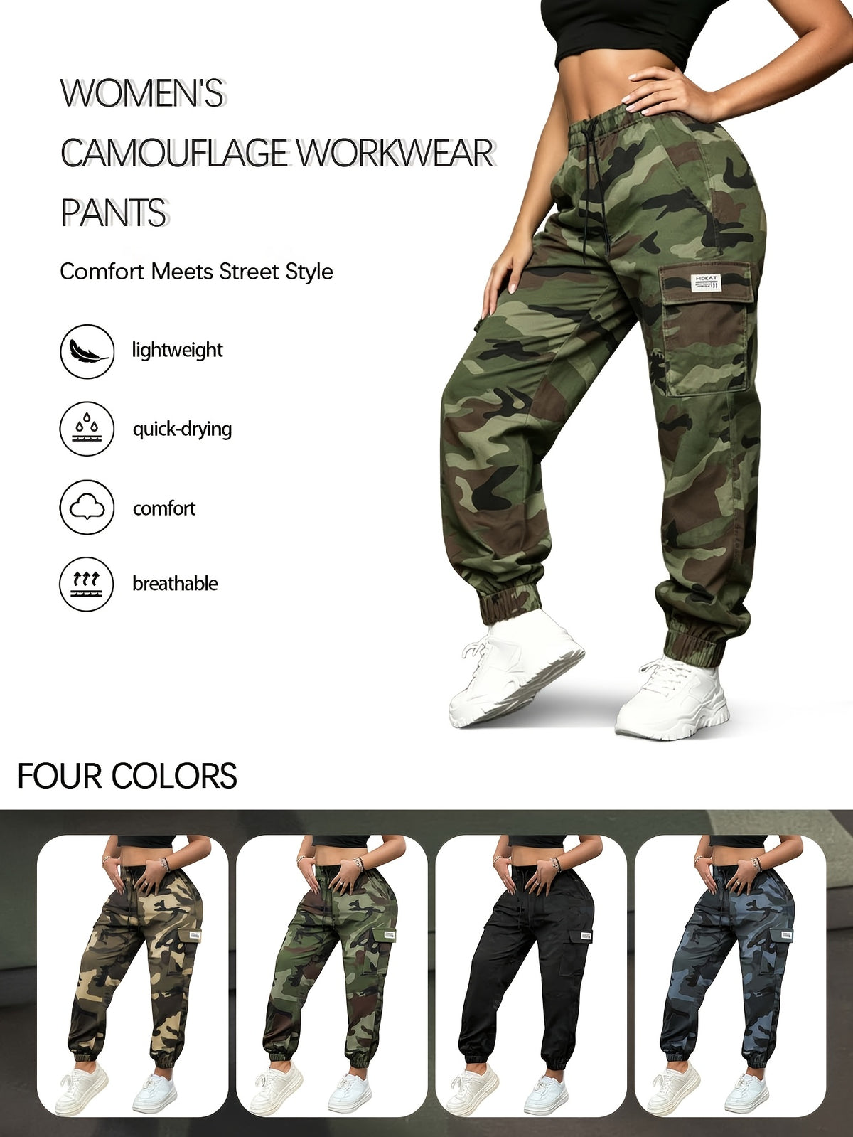 Women's Tapered Cargo Pants with Elastic Drawstring Waist, Lightweight Quick-Dry Outdoor Style in Three Colors and Sizes XS to XXL
