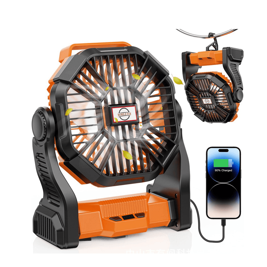 360° Rotating Camping Fan, Rechargeable Tent Fan with USB Output for Campsites, BBQs, Dorm Rooms and Home Use, Portable Orange Cooling Fan