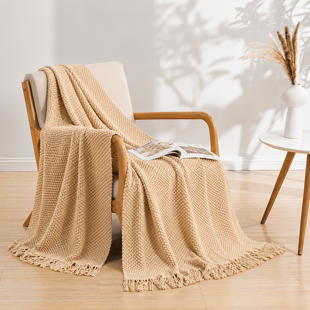 Waffle Knit Throw Blanket with Tassel Fringe for Sofa, Bed or Outdoor Lounging, Lightweight Boho Accent in Khaki, Beige and Green Options