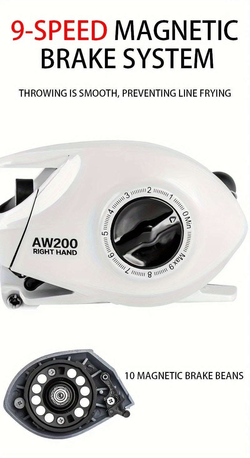 6.3:1 Baitcasting Reel AW200 Series with 18 lb Max Drag, AW200-L and AW200-R Model Options for Freshwater and Saltwater Fishing