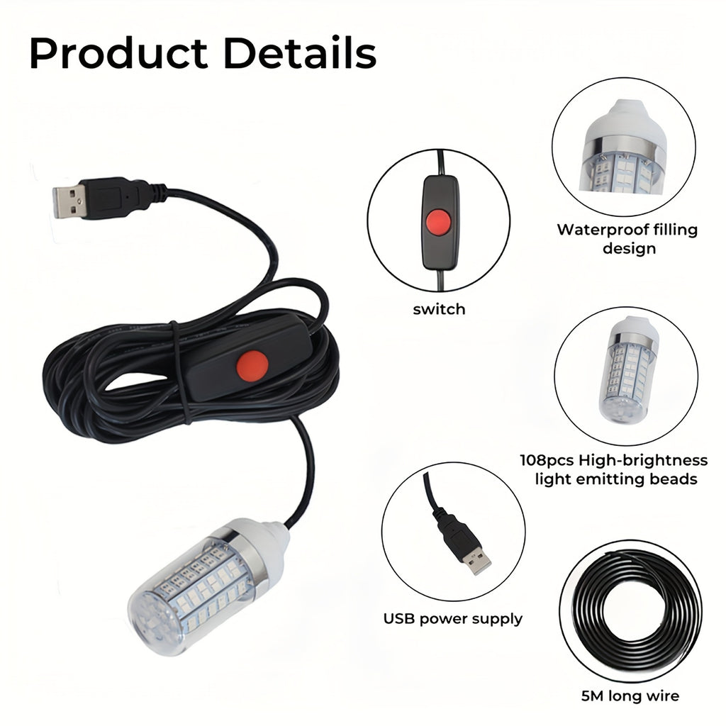 108-LED Underwater Fishing Light with USB Connector and 16.4-Foot Cable, Listed IP68 Design for Night Angling, Green or White Light Options
